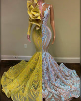 Amazing V-Neck One Shoulder Long Sleeve Long Mermaid Semi Formal Prom Dresses